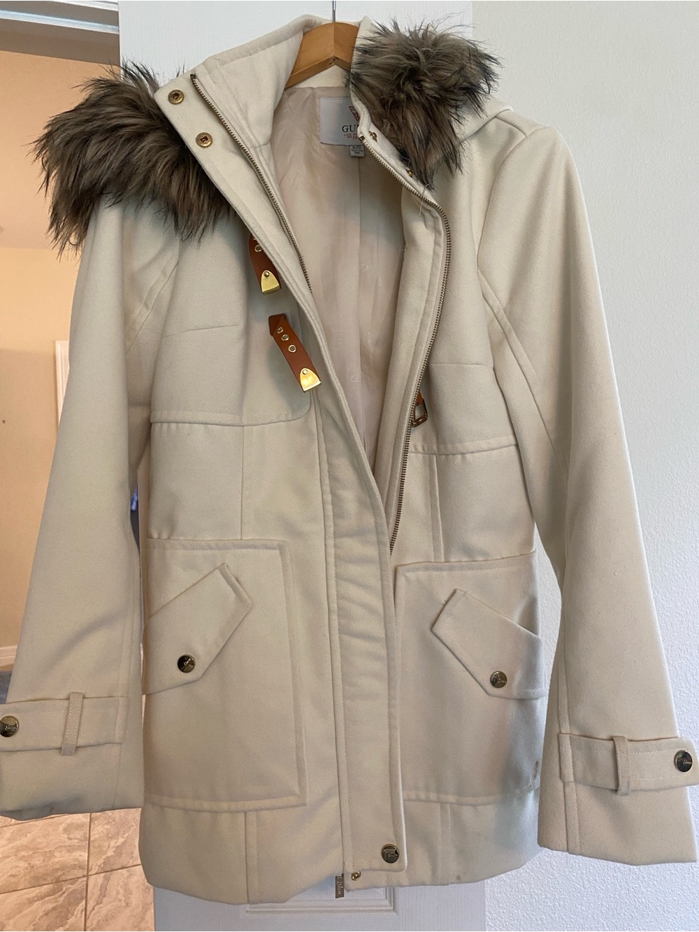 Guess Cream Pea Coat with Faux Fur Hood Trim